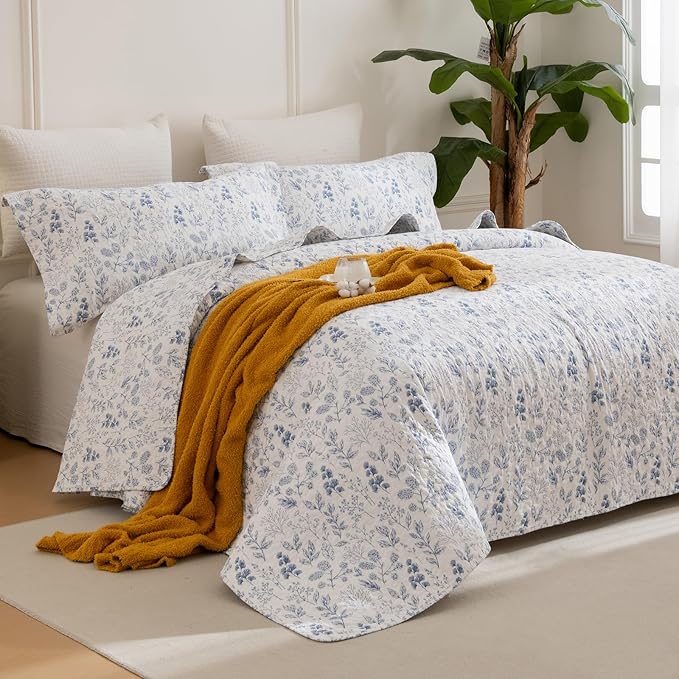 Lady Ann Cotton Quilt Sets King Size - Blue and White Floral & Leaves Pattern Botanical Printed Quilted Bedding, 3 Pcs Lightweight Soft Bedspread Sets King Coverlet for All Season
