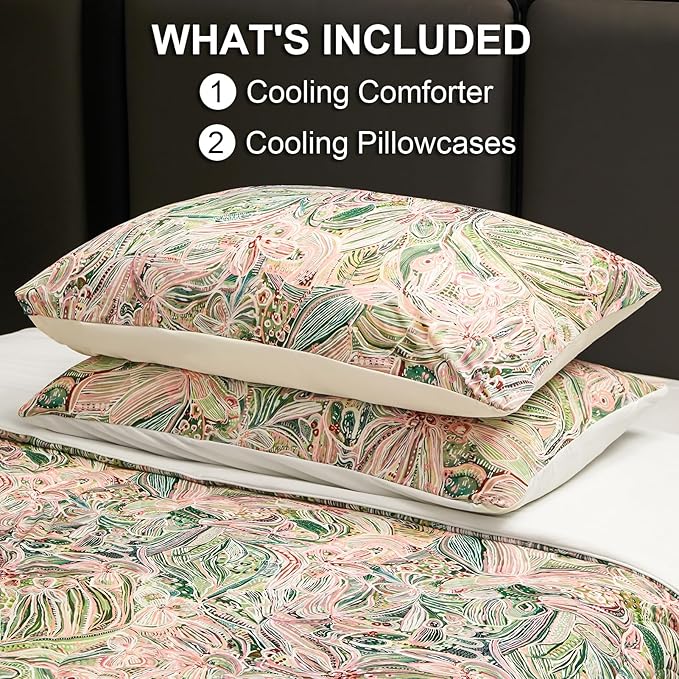 Cyusri Floral Print Cooling Comforter Set 3Pcs Breathable Cool King Size Bedding Set with 2 Pillowcases Green Pink Flowers Pattern Silky Cold Quilt, 108"x90"