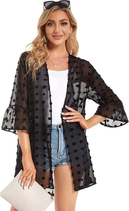 CHICGAL Womens Kimono for Summer Puff Sleeve Cardigan Casual Loose Fit Beach Cover Ups Resorts Swimwear