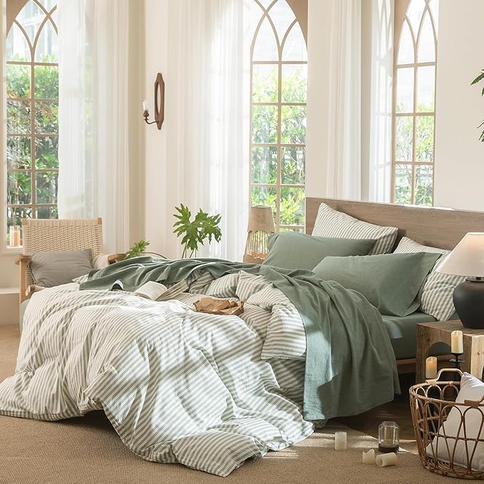 MooMee Bedding Sheet Set 100% Washed Cotton Linen Like Textured Breathable Durable Soft Comfy (Heathered Green, King)