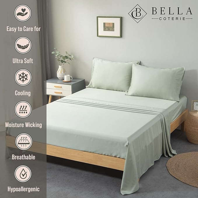 Bella Coterie Luxury Bamboo Viscose King Size Sheet Set | 100% Organically Grown | Ultra Soft | Cooling for Hot Sleepers | 18" Deep Pocket [Sea Glass]