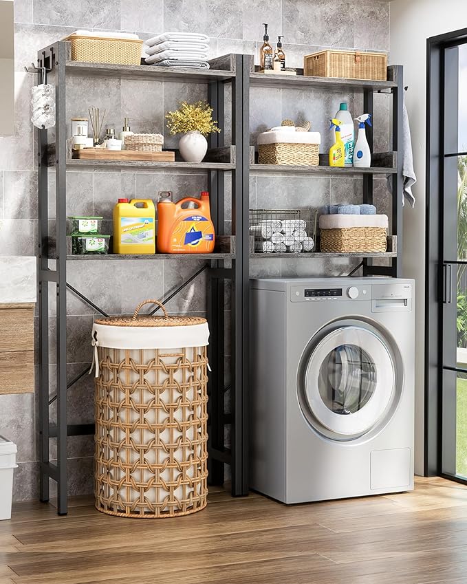 Ecoprsio Over-The-Toilet Storage Rack, 3-Tier Bathroom Organizer Shelf Over Toilet, Freestanding Space Saver Toilet Stands with 4 Hooks, Grey