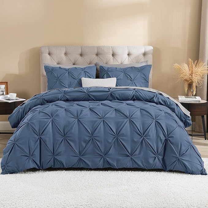 Litanika Ocean Blue Oversized King Pinch Pleat Duvet Cover, 3 Pieces Pintuck Cover Soft Microfiber Bedding Set with Zipper Closure & Corner Ties(1 Duvet Cover, 2 Pillowcases)