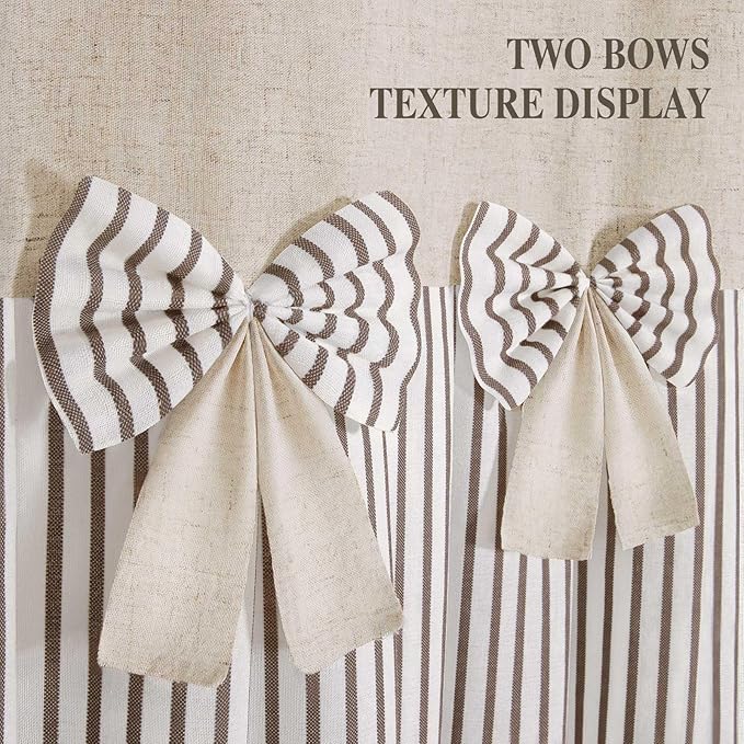 Farmhouse Shower Curtain Linen Beige Bow Woven Fabric Country Rustic Western, Pleated Brown Stripe 72" W x 72" L