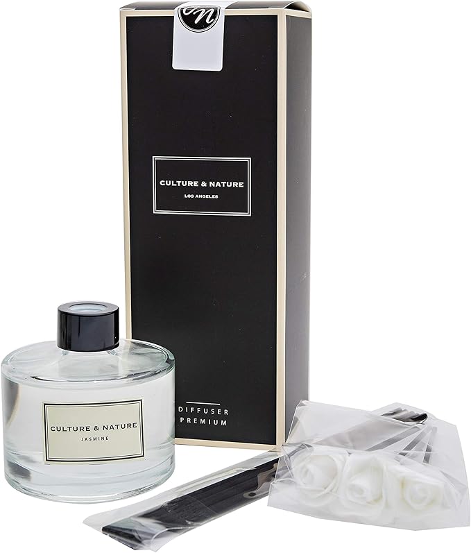 CULTURE & NATURE Reed Diffuser Set 6.7oz (200ml) Jasmine Scented Diffuser with Sticks Home Fragrance Reed Diffuser for Bathroom Shelf Decor