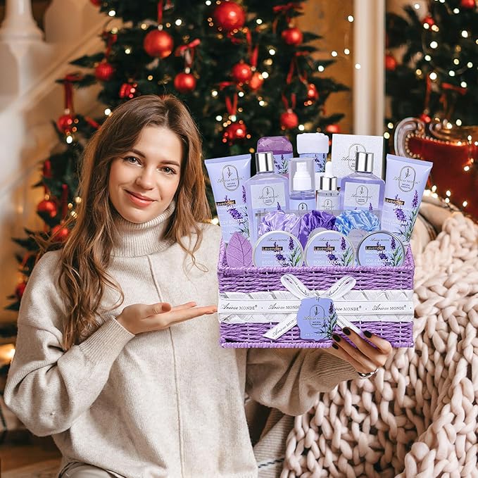 Spa Gifts for Women Bath and Body Lavender Gift Set, Spa Gift Basket for Self Care, Relaxing Bath Sets for Mom, Grandma, Girlfriend, Sister, Friends, Gifts for Women
