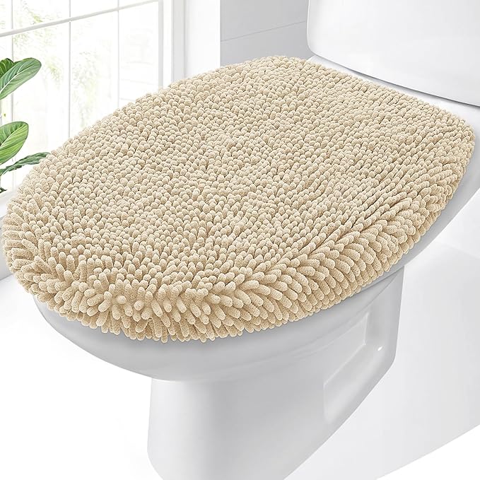 OLANLY Soft Chenille Bathroom Toilet Lid Cover, Machine Washable Seat Covers, 17.5x15, Stays in Place Rubber Backing, Fits Most Round, Elongated and Oblong Lids, Accessories Decor, Beige