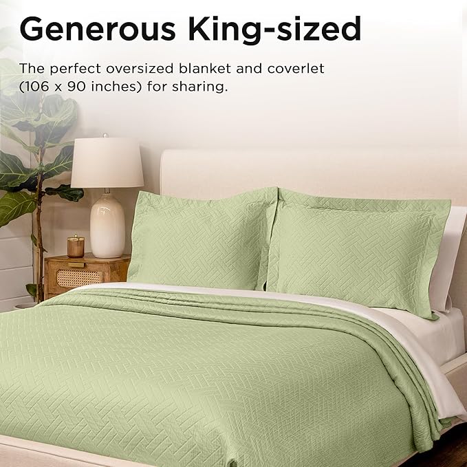 Threadmill Luxury Cotton Blankets for King Size Bed | All-Season Cozy 100% Cotton King Blanket | Criss Cross Soft & Lightweight Coverlet fits California King Size Bed, 104x92 | Sage Green