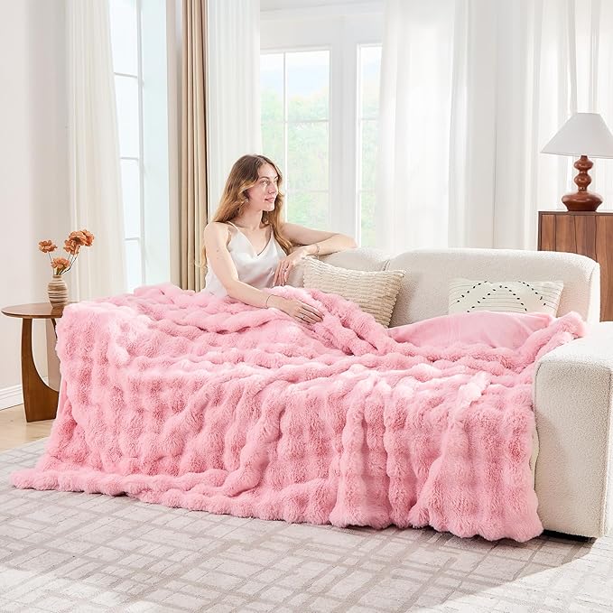 Pink Faux Fur Throw Blanket Soft Plush Fluffy Bubble Texture Cozy Blanket for Couch Bed Sofa Warm Thick Luxury Home Decor Gift for Women Mom Girlfriend (Throw Size 50''x60'', Pink)