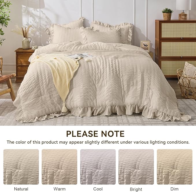 JOLLYVOGUE Beige Comforter Full Size, 3 Pieces Seersucker Lightweight Full Size Bedding, All Season Fluffy Microfiber Bedding Comforter Set with 1 Ruffle Comforter and 2 Ruffle Pillowshams