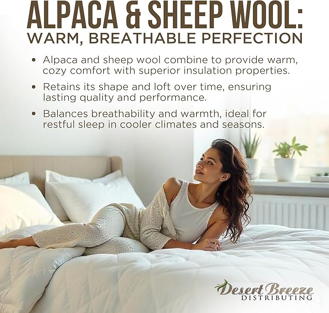 Desert Breeze Distributing Pure and Natural Australian Alpaca & Sheep Wool Comforter – Warm, Soft, Thick, Breathable Duvet Insert with Bamboo Viscose and Cotton Cover, Queen Size, 90x94 inches