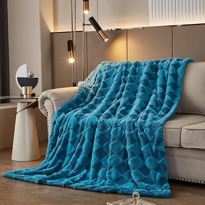 PU MEI Luxury Faux Fur Rabbit Fur Throw Blanket Blue 60"*80",Soft Plush Reversible Sherpa Blankets,Twin Fuzzy Elegant Blanket Thick Throws for Bed,Comfy Bedding Accent Blankets for Sofa Couch Chair