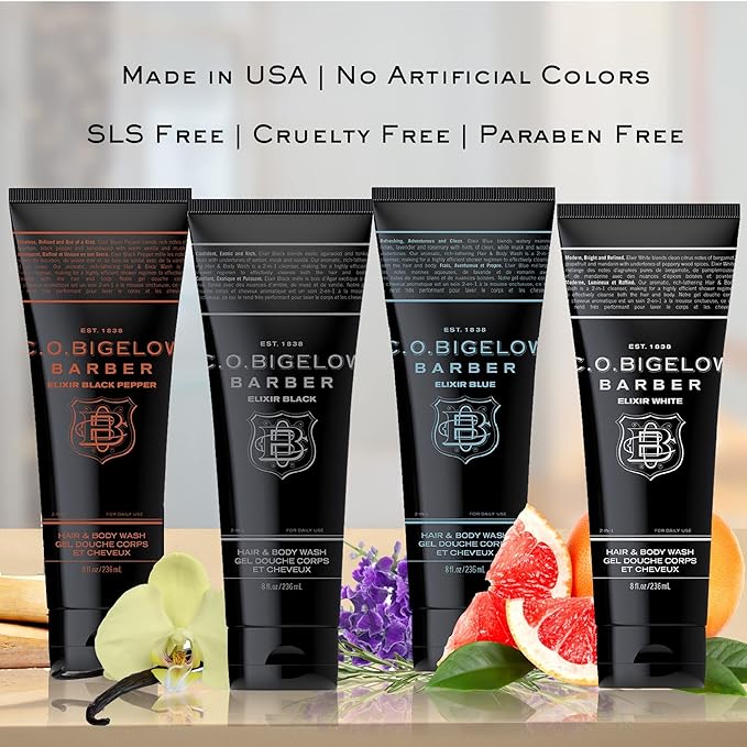 C.O. Bigelow Elixir White Hair & Body Wash for Men, Pack of 2 Spice & Citrus Scented Men's 2 in 1 Shampoo & Body Wash, 8 Fl Oz