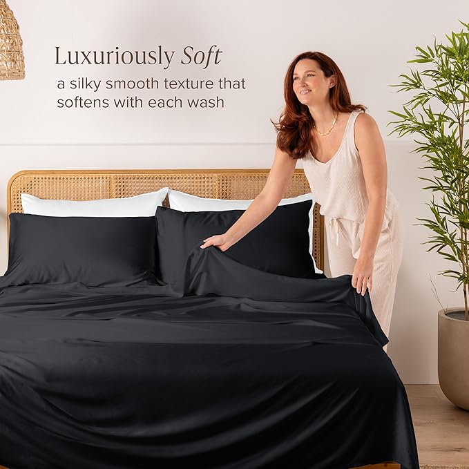 Bare Home 100% Rayon Made from Bamboo Luxury Queen Sheet Set - 4 Piece Bedding Set - Deep Pockets - Cooling Sheets - Breathable - Easy Fit - Soft Bedding Sheets & Pillowcases (Queen, Black)