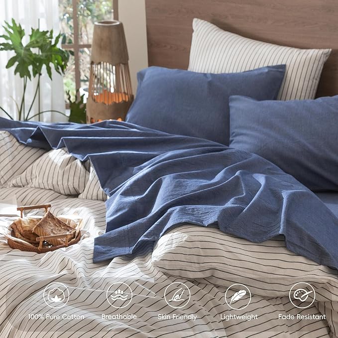 MooMee Bedding Sheet Set 100% Washed Cotton Linen Like Textured Breathable Durable Soft Comfy (Heathered Blue, California King)