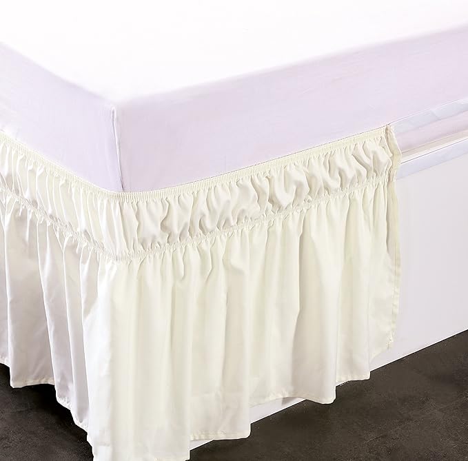 MEILA Wrap Around Bed Skirt Three Fabric Sides Elastic Dust Ruffled 14 Inch Tailored Drop,Easy to Install Fade Resistant-Ivory, Queen/King