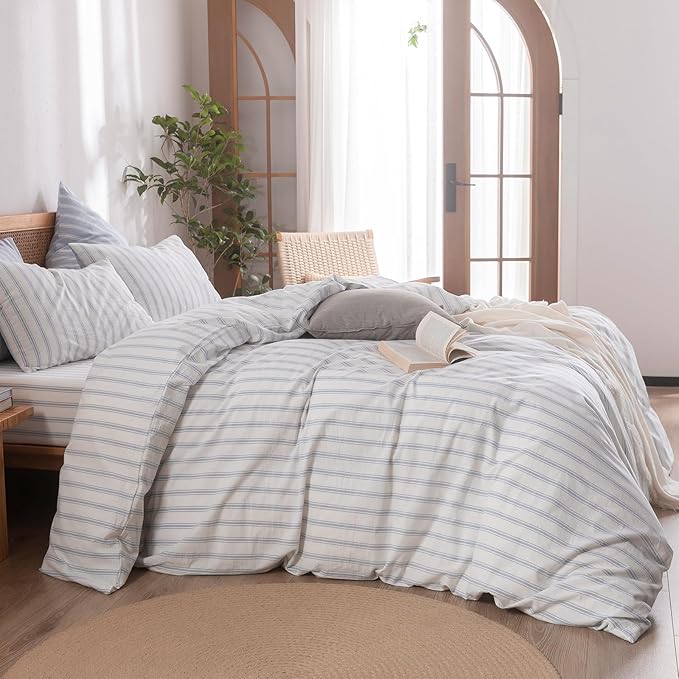 BESTOUCH Duvet Cover Set 100% Washed Cotton Linen Feel Super Soft Comfortable Chic Lightweight 3 PCs Home Bedding Set White & Cornflower Blue Stripes Queen