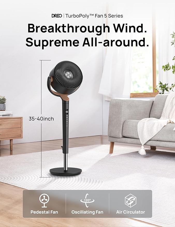 Dreo Fan for Bedroom, 120°+120°Omni-directional Oscillating Fan, DC Motor, 20 dB Quiet Standing Pedestal Fans, 90ft, 8 Speeds, 3 Modes Circulator with Remote, 35-40"Adjustable Height, 8H Timer, Black