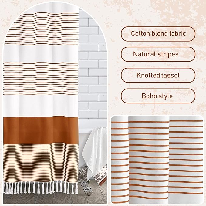 Awellife Boho Orange Shower Curtain for Bathroom Farmhouse Cotton Stripe Tassel Shower Curtain Natural Texture 72" L x 84" W