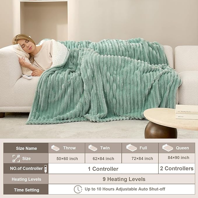 Hansleep Heated Blanket Electric Blanket Throw, Heating Blanket with 9 Heating Levels and 10-Hour Timer Auto Shut Off, Washable Soft Warm Winter Blanket, 50 x 60 Inches, Green