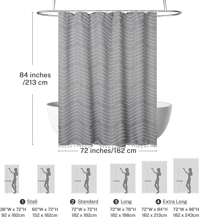 Extra Long Grey Boho Shower Curtain with Tassel, Woven Fabric 84 in Shower Curtain, Tufted Chevron Striped, 72 x 84, Modern Chic Textured Minimalist Bathroom Shower