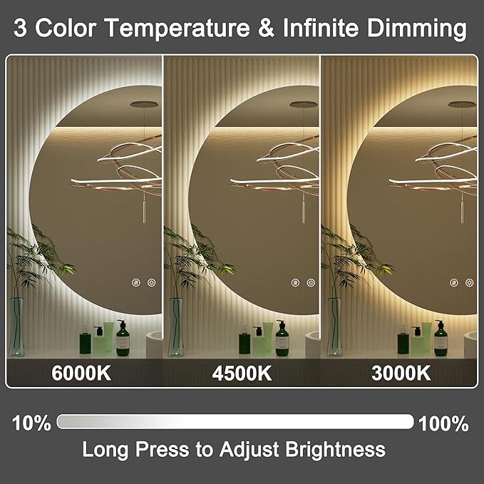 42-inch Round LED Bathroom Mirror with Light, 3 Color Temperatures (3000K/4500K/6000K), Dimmable Backlit, Anti-Fog, 5MM HD Glass, CRI 90+, Memory, Frameless