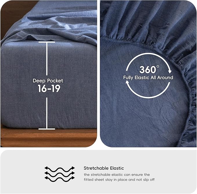 MooMee Bedding Sheet Set 100% Washed Cotton Linen Like Textured Breathable Durable Soft Comfy (Heathered Blue, California King)