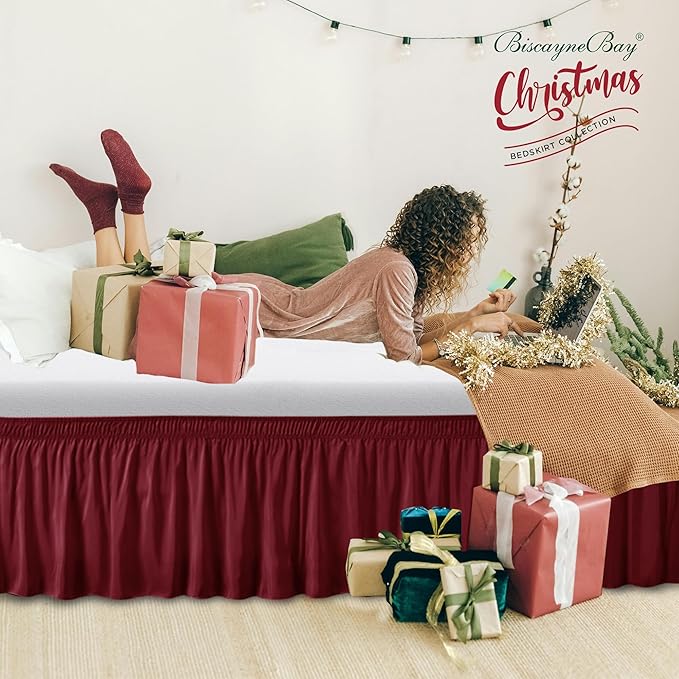 Biscaynebay Wrap Around Bed Skirts for Twin & Twin XL Beds Short Drop of 12", Burgundy Adjustable Elastic Dust Ruffles Easy Fit Wrinkle Resistant Silky Luxurious Fabric Machine Washable