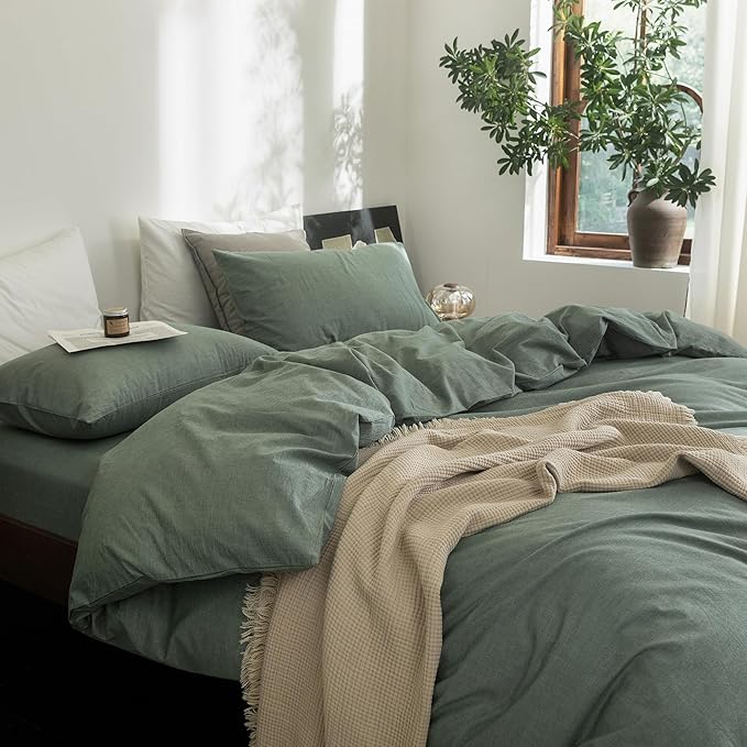 FOSSA Duvet Cover Set 100% Washed Cotton Linen Feel Super Soft Breathable Cozy Simple Style 3 Pieces Bedding Sets Solid Heathered Green Oversized King