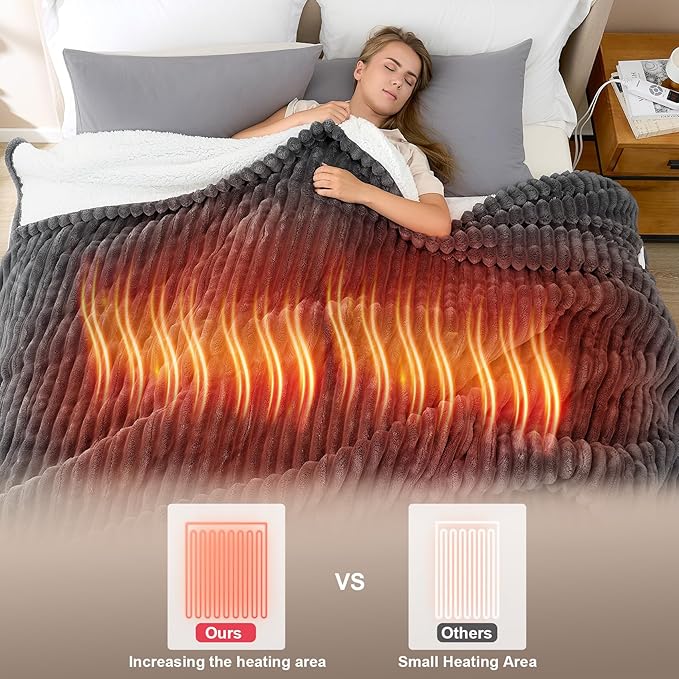 Hansleep Heated Blanket Electric Throw Full Size, Heating Blanket with 9 Heating Levels and 10-Hour Timer Auto Shut Off, Washable Soft Warm Winter Blanket, 72 x 84 Inches, Dark Grey