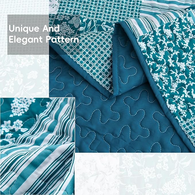 Mybedsoul Teal Blue Quilt Set Queen Size 3 Pieces Boho Plaid Turquoise Floral Bedspread Set Microfiber Lightweight Bohemian Bedding Bedspread Coverlet Set for All Season 90"x96"