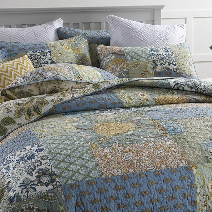 Yvooxny Quilt Set King Bedspread Reversible Green Farmhouse Garden Coverlet Real Patchwork Quilt Set for All Seasons with Pillowcases, Farmhouse Floral Pattern, King Size