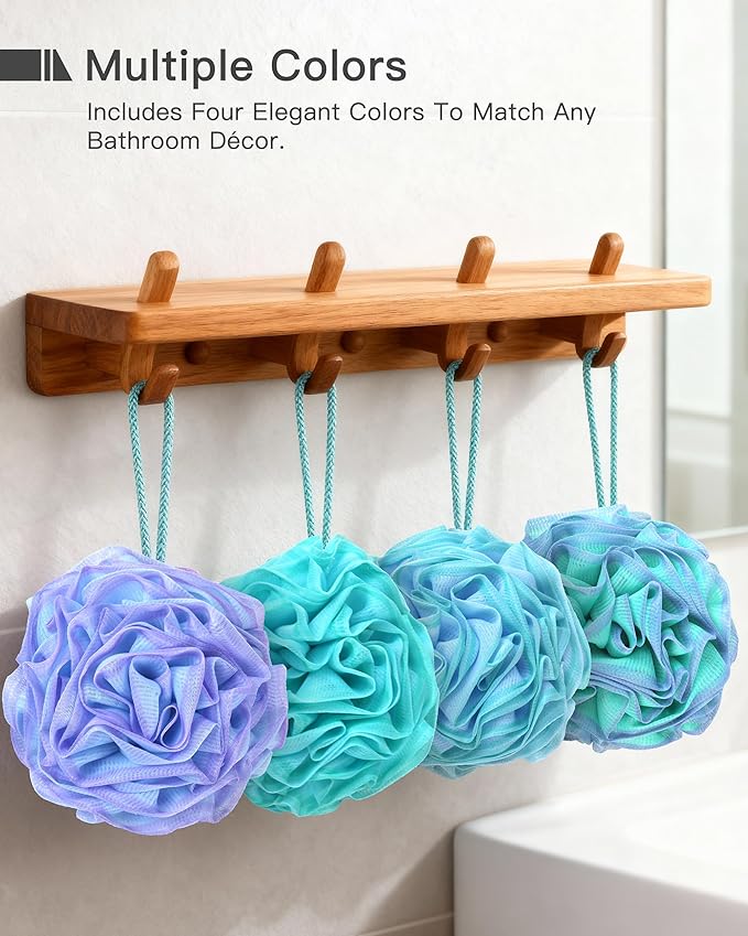 Large Bath Sponge Pouf 70g, 6.3 Inch Exfoliating Shower Loofah, Soft Durable PE Mesh with Reinforced Knotting, Rich Lather Body Wash Scrubber, 4-Pack Elegant Colors Gift Set（A-4Pcak）