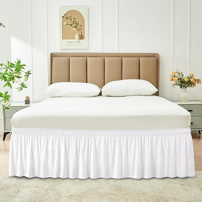 Biscaynebay Wrap Around Bed Skirts for Full & Full XL Beds 11" Short Drop, White Adjustable Elastic Dust Ruffles Easy Fit Wrinkle Resistant Silky Luxurious Fabric Machine Washable
