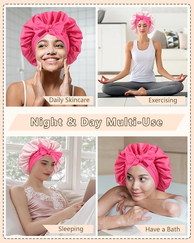 AWAYTR Women Satin Bonnet for Sleeping - Double Layer Silk Hair Bonnet with Elastic Tie Band for Braids Curly Hair