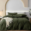 JIYUAN 100% Washed Cotton Duvet Cover Set 3 Pieces King, 1 Duvet Cover 104x90 Inches(Comforter Not Included) and 2 Pillowcases,Linen Feel Bedding Set Comfy and Breathable,Olive Green