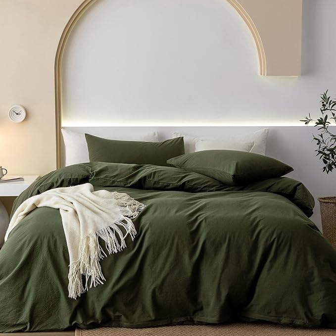 JIYUAN 100% Washed Cotton Duvet Cover Set 3 Pieces Super King, 1 Duvet Cover 108x98 Inches(Comforter Not Included) and 2 Pillowcases,Linen Feel Bedding Set Comfy and Breathable,Olive Green
