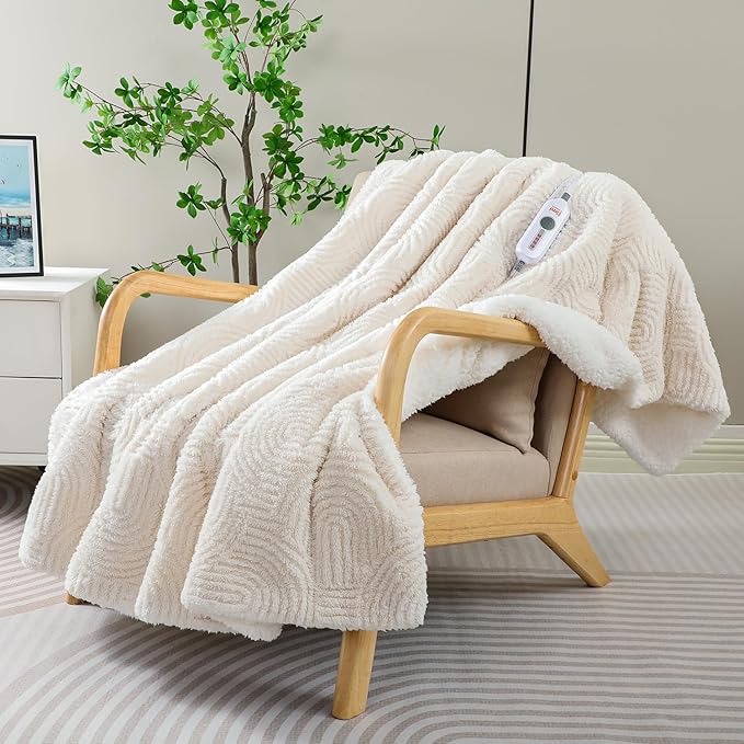 Heated Blanket Twin Size- 62"x84" Cozy Soft Jacquard Heating Blanket with 4 Heat Levels & 4 Hours Auto-Off, Jacquard Fleece, Overheating Protection, Warm Gifts, Cream