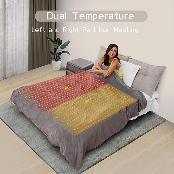 Electric Heated Blanket 84"x90" Queen Size, Soft Coral Fleece, Dual Controllers with 4 Heating Levels and 10 Hours Auto-Off, Machine Washable, Cozy Plush Fabric for Home, Light Grey