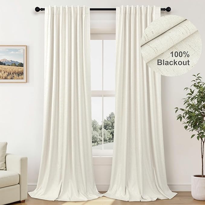 100 Inch Curtains Blackout for Bedroom Cooling Black Out Large Window Linen Look Custom Length 100 Inches Long Neutral Cream Colored Sound Proof Heat Blocking Thermal Drapes for Living Room Dorm 2Pcs