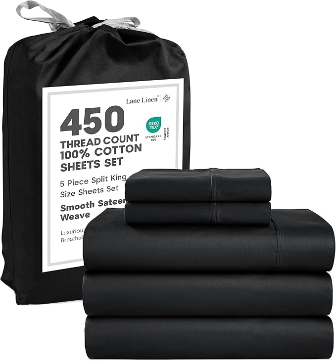 LANE LINEN Sheets for Split King Adjustable Bed – 450 Thread Count 100% Cotton, Soft & Cooling Sateen Weave, 15” Deep Pocket Fully Elasticized Fitted Sheet, Machine Washable, Black