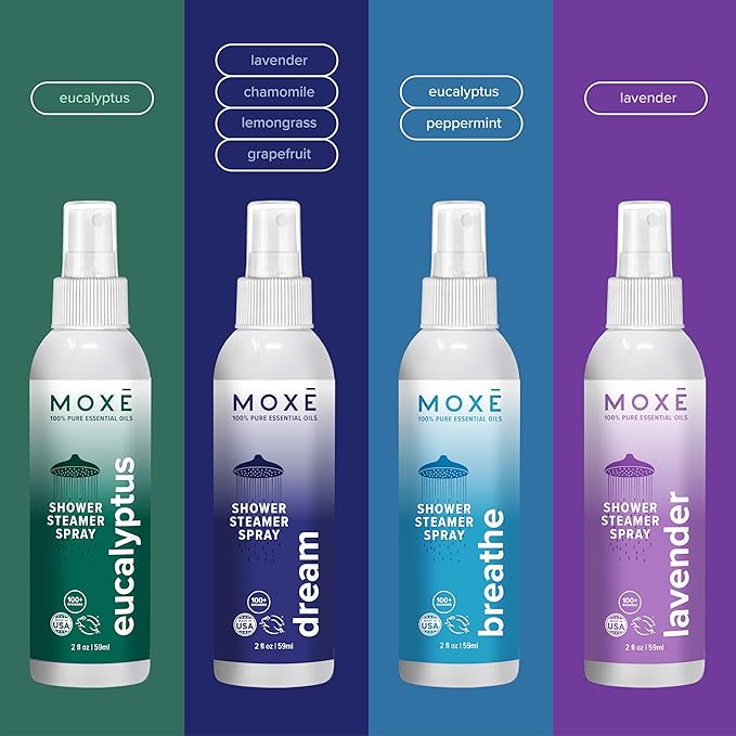 MOXE Aromatherapy Shower Mist Variety Pack, Eucalyptus, Lavender, Breathe and Dream, Spa Steam Spray, Natural 100% Essential Oils, Made in USA, Aromatherapy, Sinus Congestion Relief, 4 Pack (8oz)