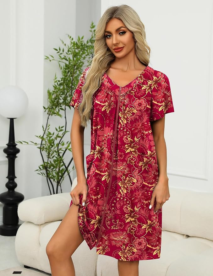 Ekouaer Women Robe Zipper Front Mumu Duster Robes Zip Up Housecoat Soft Sleepwear with Pockets S-3XL