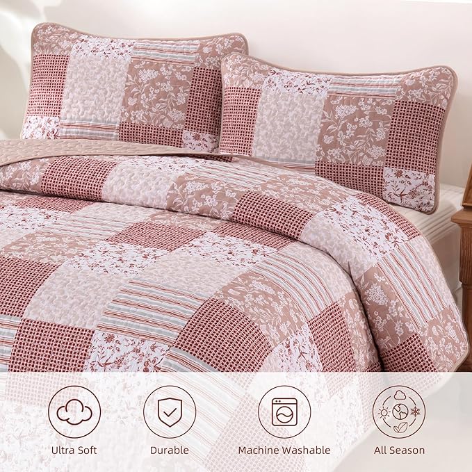 Mybedsoul Patchwork Quilt Set King Size, 3 Pieces Pink Floral Plaid Bedspread Coverlet Set, Reversible Soft Microfiber Bedding Set for All Season, Fall Winter King 90"x104"