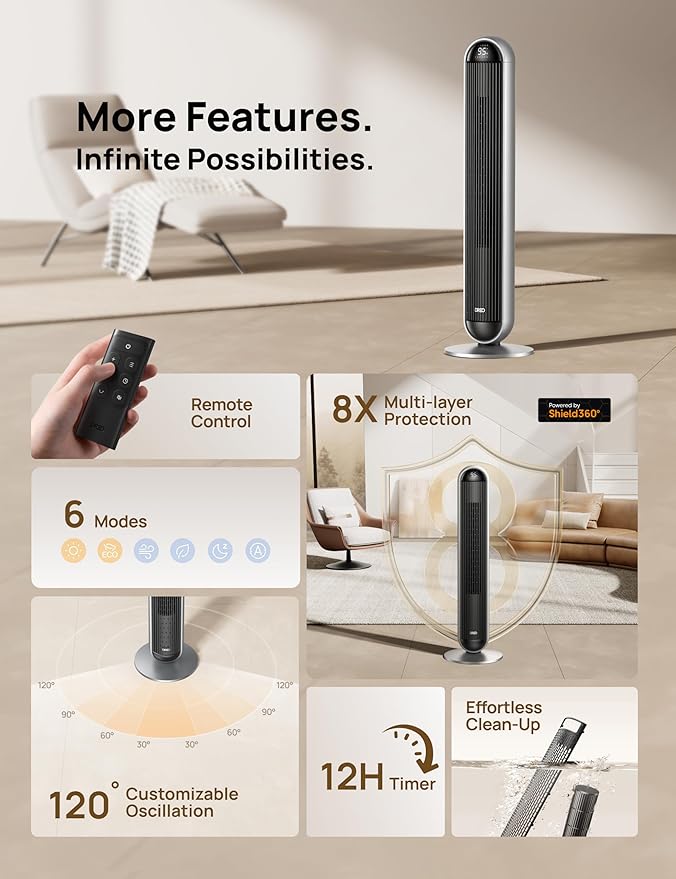Dreo Tower Fan and Heater Combo, 29.2ft/s Standing Fans for Bedroom, 17 Levels, 6 Modes, 120° Oscillation, 42 Inch, 12H Timer, 25dB Quiet, with Remote, for Office, Large Room, Silver