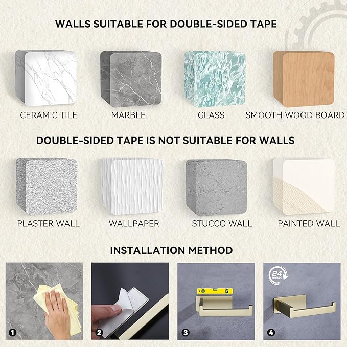 LANC Self-Adhesive Toilet Tissue Roll Holder, Brushed Gold Paper Holder Wall Mounted for Bathroom RV Stick On Toilet Tissue Holder with Drill Free Rustproof Stainless Steel, A8307BG