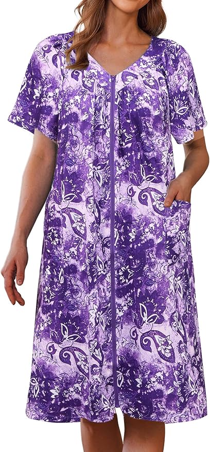 Ekouaer Women Robe Zipper Front Mumu Duster Robes Zip Up Housecoat Soft Sleepwear with Pockets S-3XL