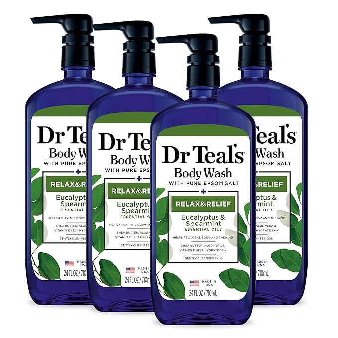 Dr Teal's Body Wash with Pure Epsom Salt, Relax & Relief with Eucalyptus & Spearmint, 24 fl oz (Pack of 4)