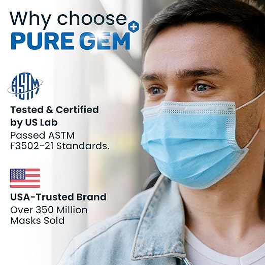 PURE GEM [Pack of 150] Single Use Disposable Blue Face Mask, Soft on Skin, 3-ply Masks Facial Cover with Elastic Earloops Great For Home, Office, School, and Outdoors