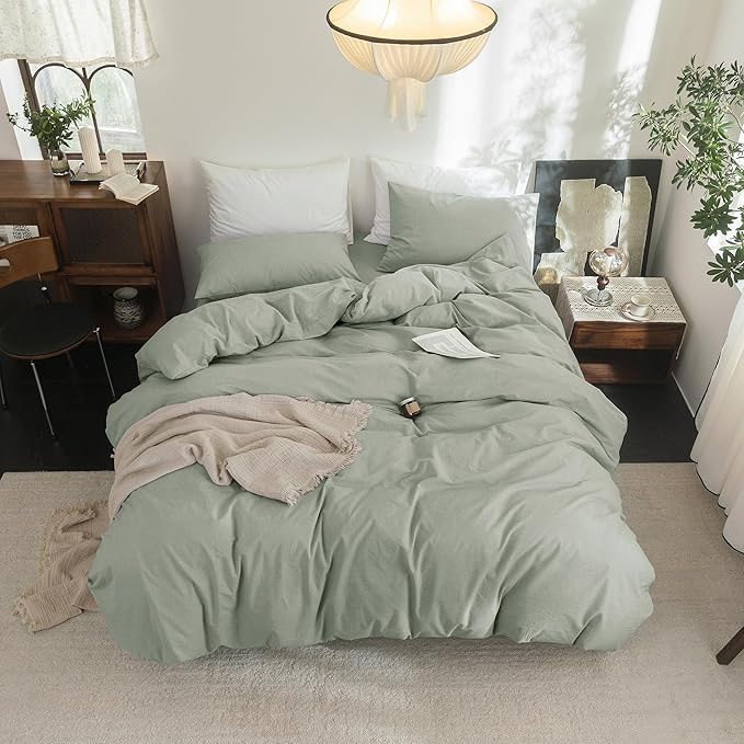 FOSSA Duvet Cover Set 100% Washed Cotton Linen Feel Super Soft Breathable Cozy 3 Pieces Bedding Sets Solid Sage Green Oversized Queen